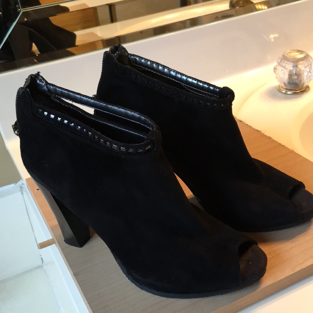 Suede peep toe booties. Size 6